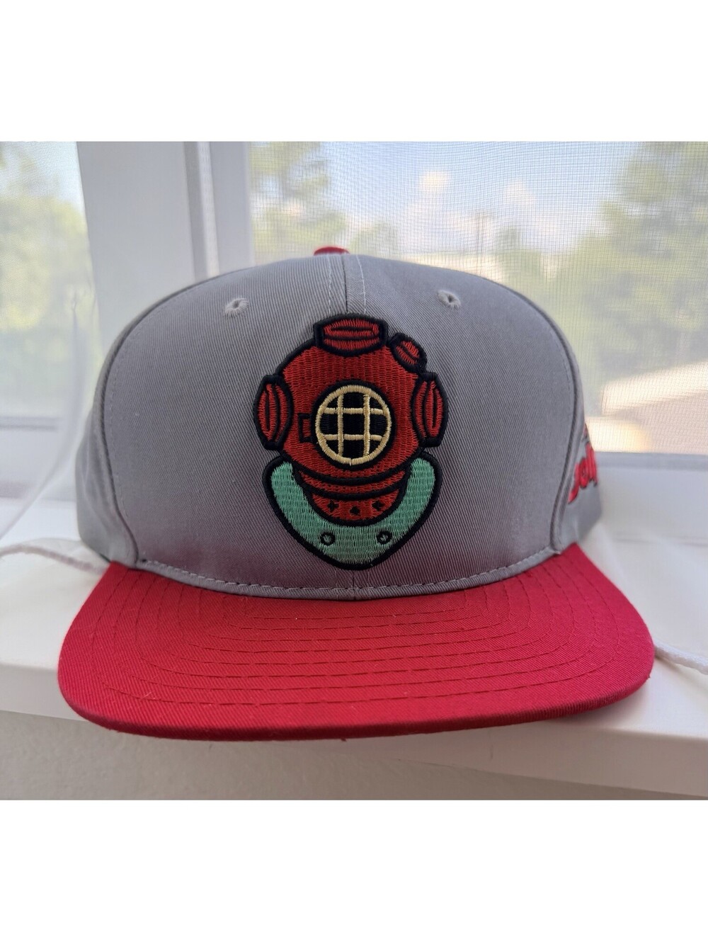 Pink Dolphin Diver Helmet Snapback Hat Gray Red Flat Bill Adjustable Cap - Picture 1 of 6